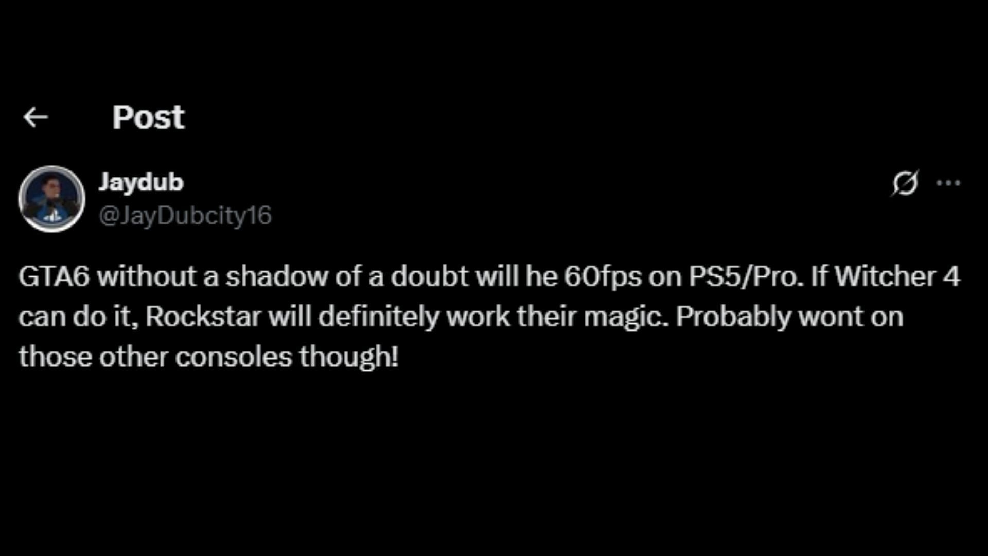 Fans speculate about Grand Theft Auto 6's performance on PS5 after Witcher 4 tech demo 1/3 (Image via X)
